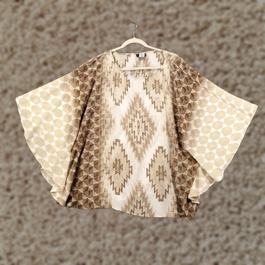 Vintage Womens Poncho Size 3X Tan Boho Western Studded Kimono Sheer Southwest Pullover Size XXL / US 16-18 / IT 52-54 - 1 Thumbnail