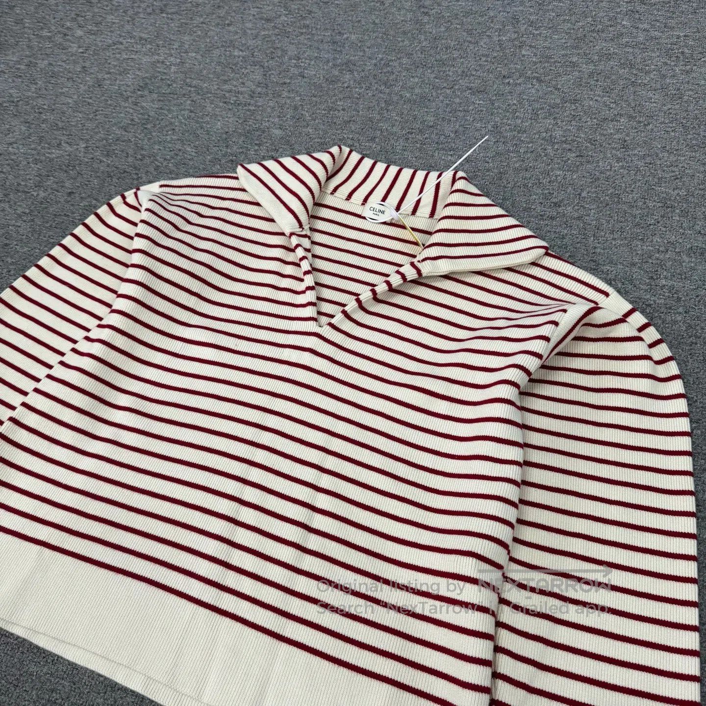 Celine CELINE Off-white with red stripes V-neck, short knit top| Size M / US 6-8 / IT 42-44 - 3 Thumbnail