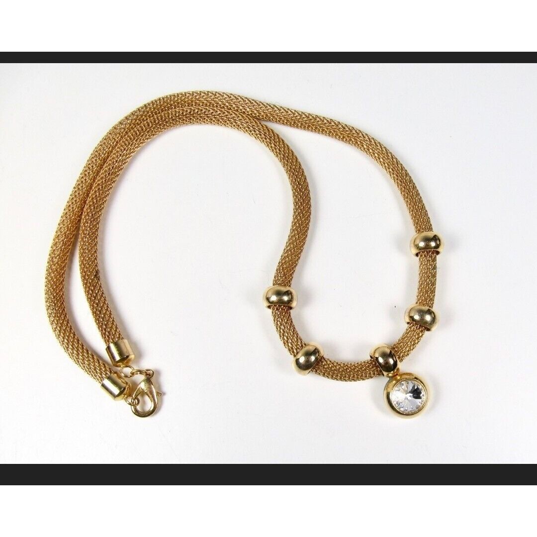 Vintage Gold Tone Metal Mesh Tube Necklace Ring Stoned Pendant Circa Size ONE SIZE - 4 Thumbnail