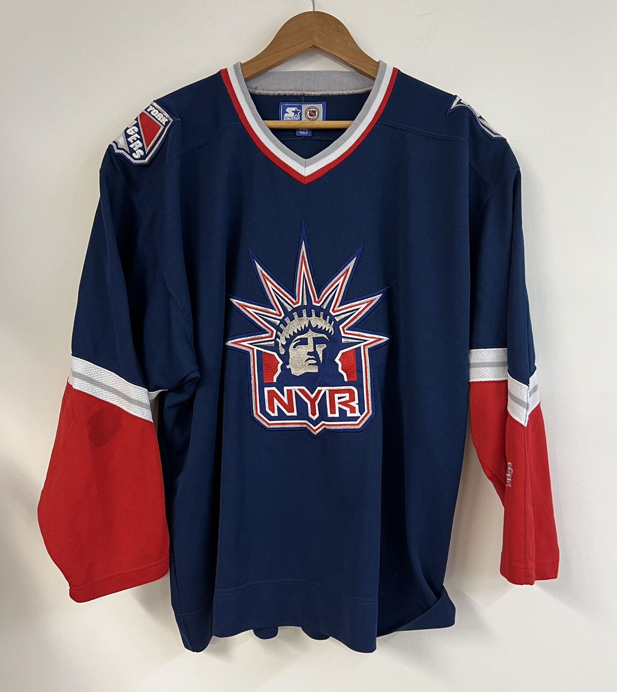 image of Vintage Stitched Starter New York Rangers Hockey Jersey in Blue, Men's (Size 2XL)