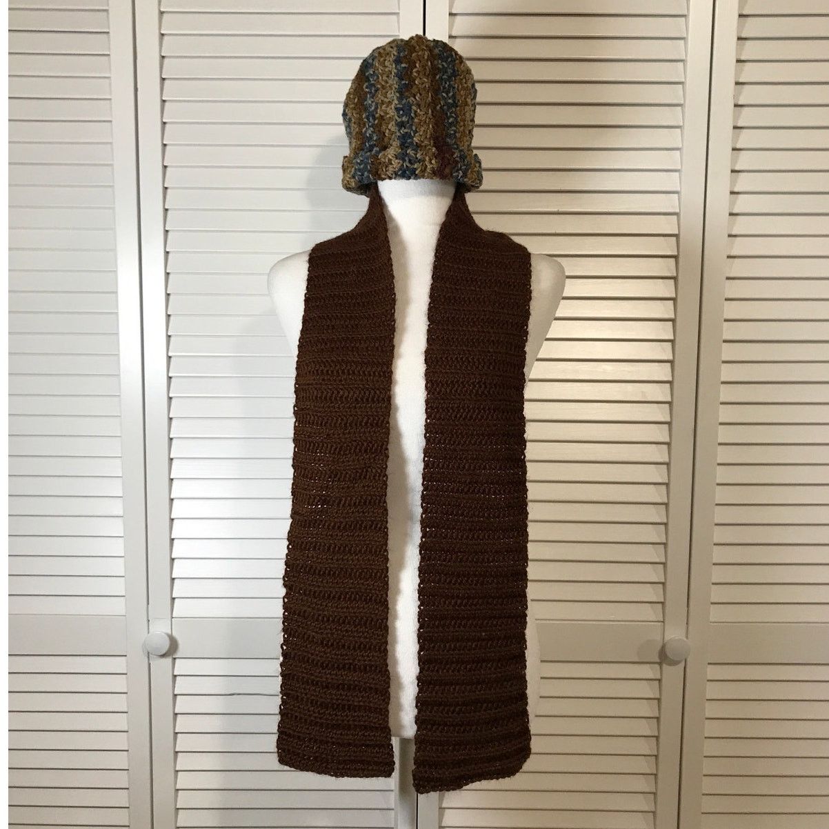 Homemade NWT Handmade Crocheted Brown Multicolor Beanie & Scarf 60” Size ONE SIZE - 1 Thumbnail