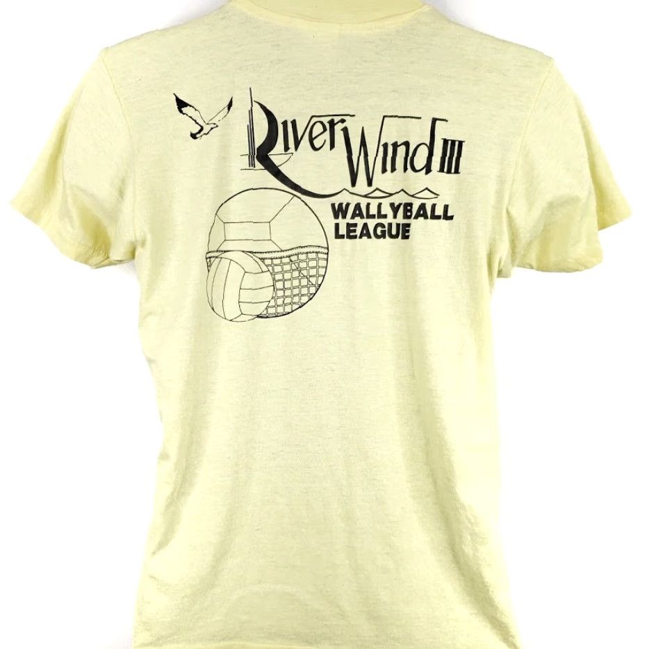 Hanes VINTAGE Hanes River Wind Wallyball T Shirt Mens Medium 80s Volleyball Made In USA Yellow 50/50 Crew Neck Short Sleeve Graphic Tee Mens Size US M / EU 48-50 / 2 - 2 Thumbnail