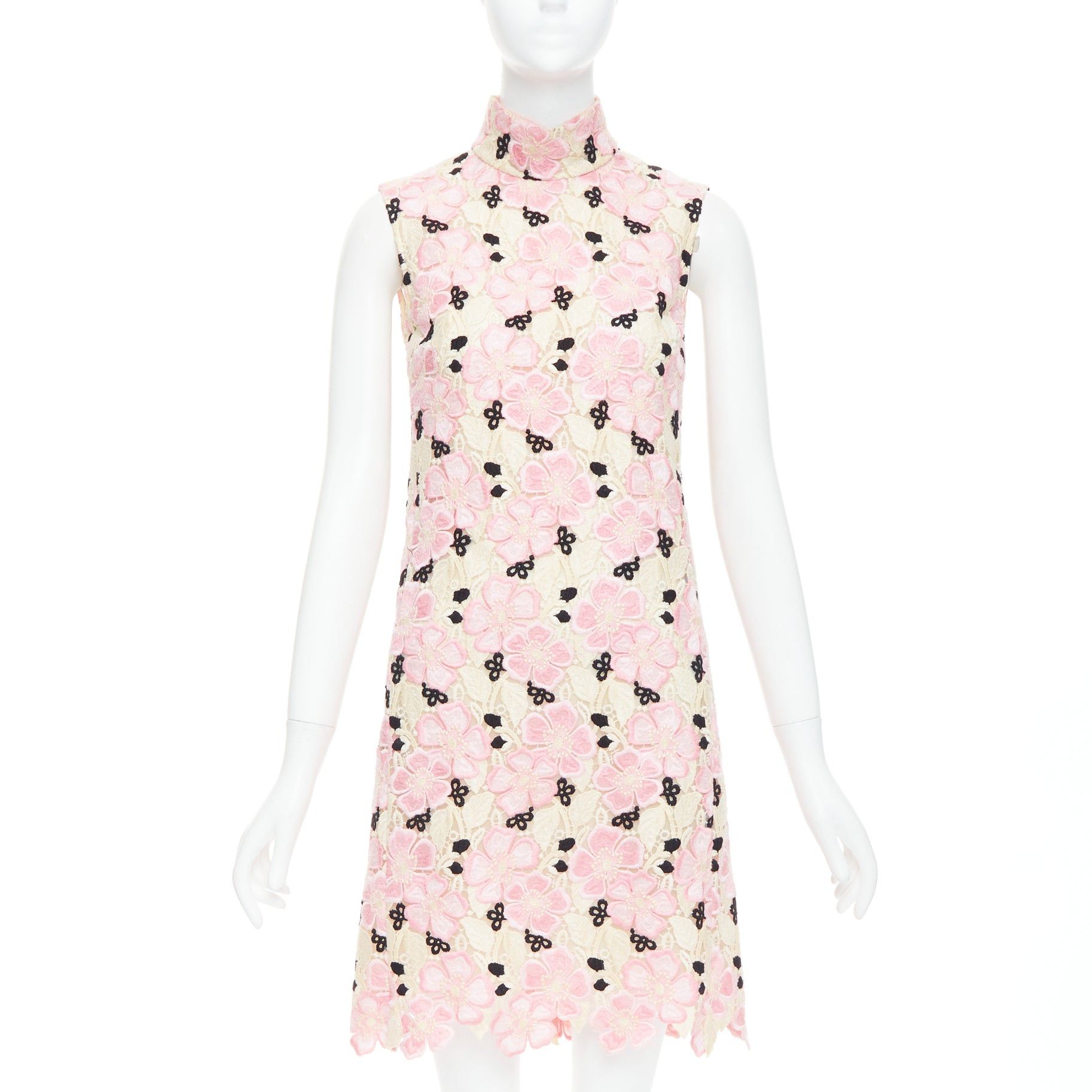 Giambattista Valli GIAMBATTISTA VALLI pink cream floral guipure lace mock neck dress IT38 XXS Size XS / US 0-2 / IT 36-38 - 1 Thumbnail