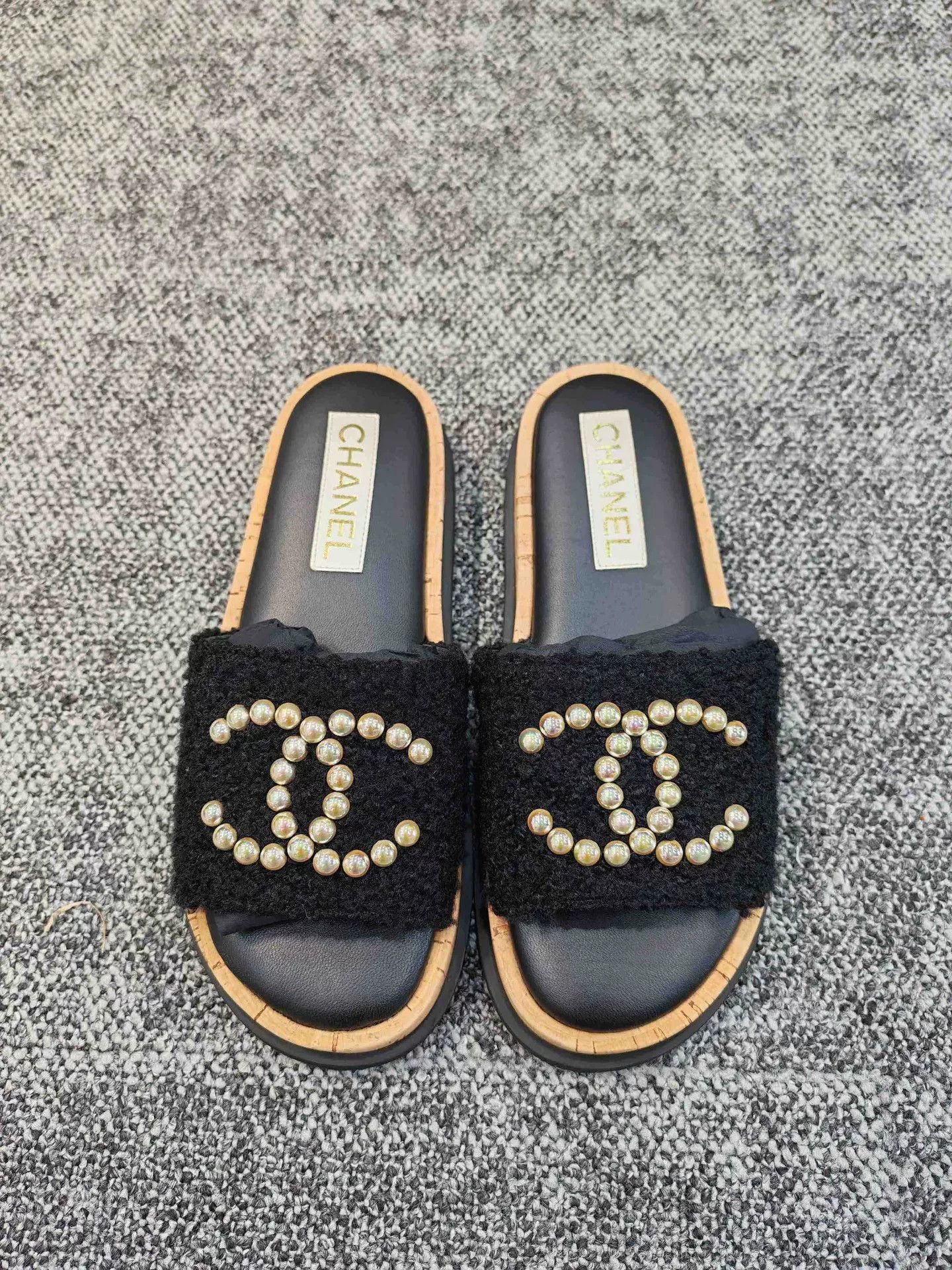 Chanel Black Pearl Logo Plush Shoes