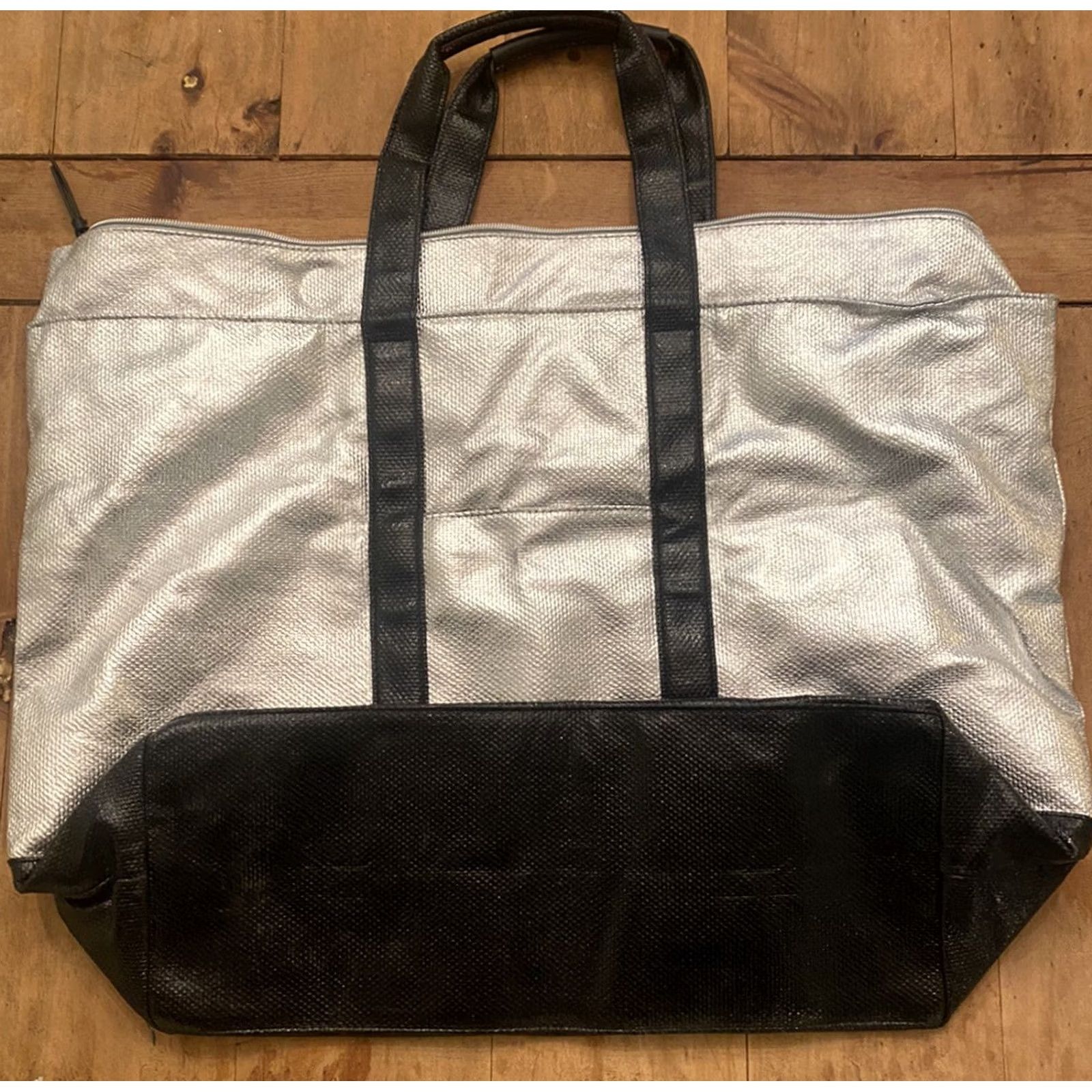 Victoria's Secret Victoria's Secret Tote Bag Weekender X-Large Silver/Black PVC Logo Buttons Zip Size ONE SIZE - 3 Thumbnail