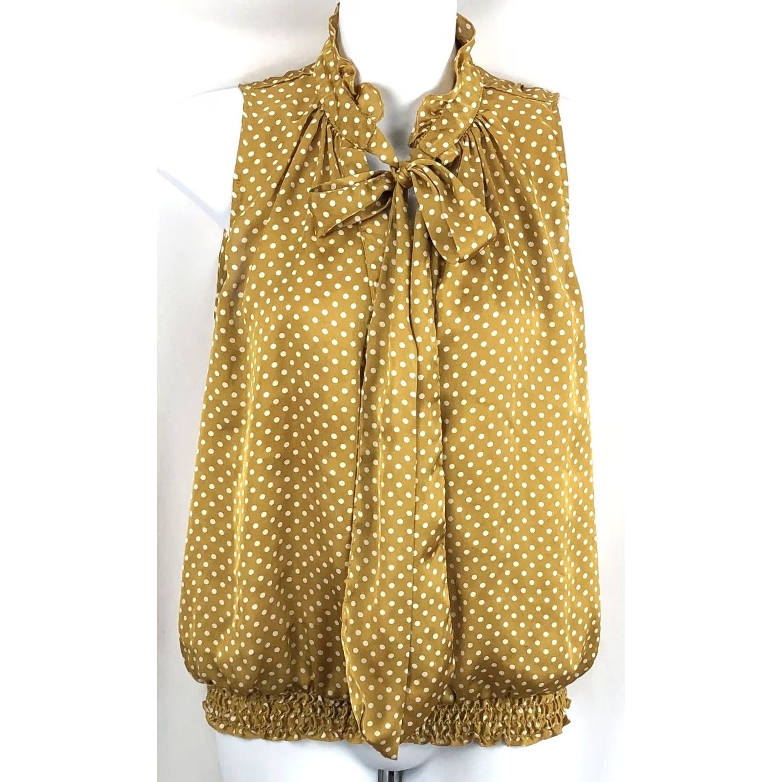 Vintage Jules Leopold Sleeveless Satin Top M Gold Polka Dot Ruffle Mock Neck Bow Smocked Blouse Womens Size M / US 6-8 / IT 42-44 - 5 Thumbnail