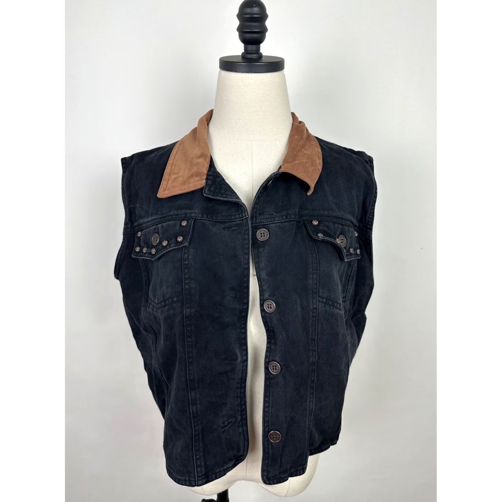 Denime VINTAGE Stonebridge Vest Western Womens XL Black Denim Faux Suede Collar Studded Size XL / US 12-14 / IT 48-50 - 4 Thumbnail