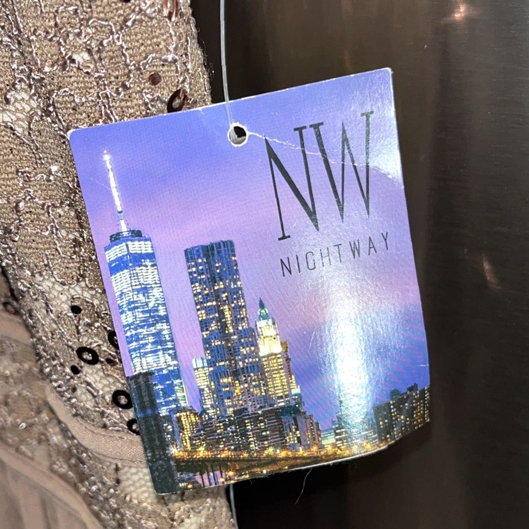 Vintage Nightway Dress Maxi HALTER Sequin Lace Brown Beige NEW GOWN Stretchy Size 10 NWT Size L / US 10 / IT 46 - 4 Thumbnail