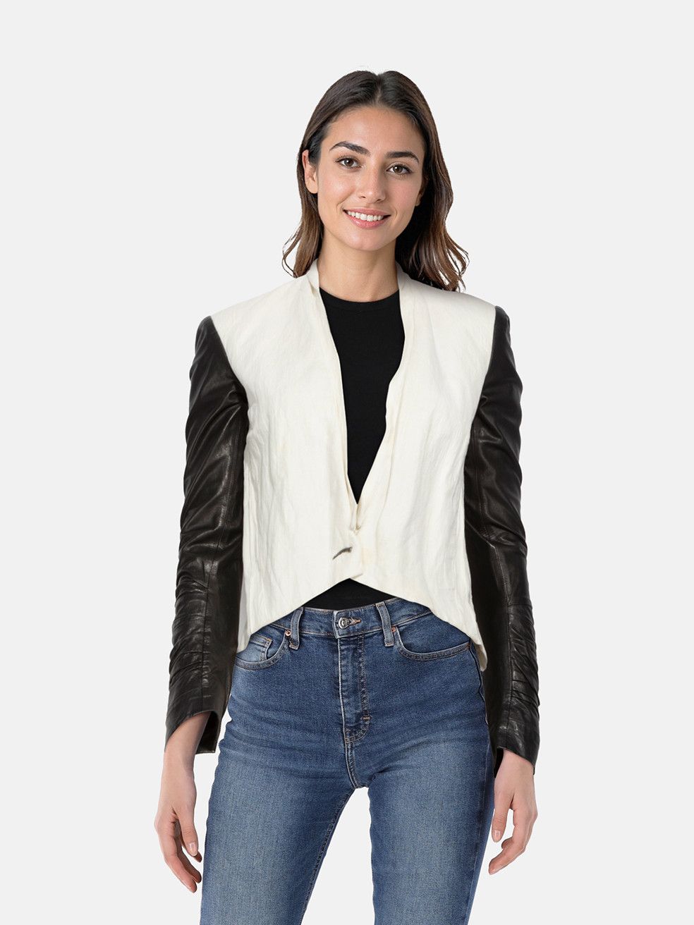 Ecru & Black Leather Sleeves Blazer