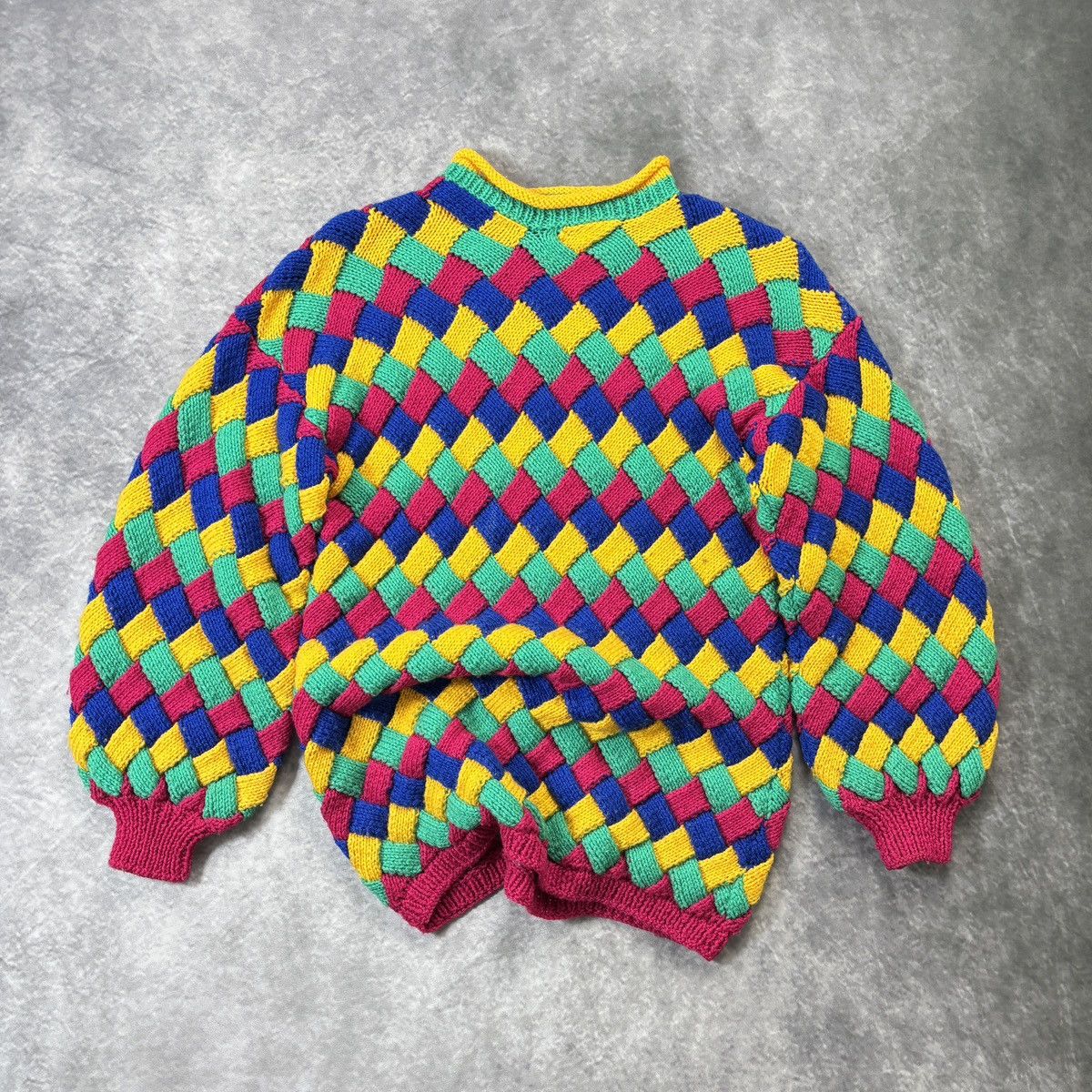 Vintage 1980s Hand Knit Sweater Vintage Patchwork Rainbow Crochet Size US XS / EU 42 / 0 - 1 Thumbnail