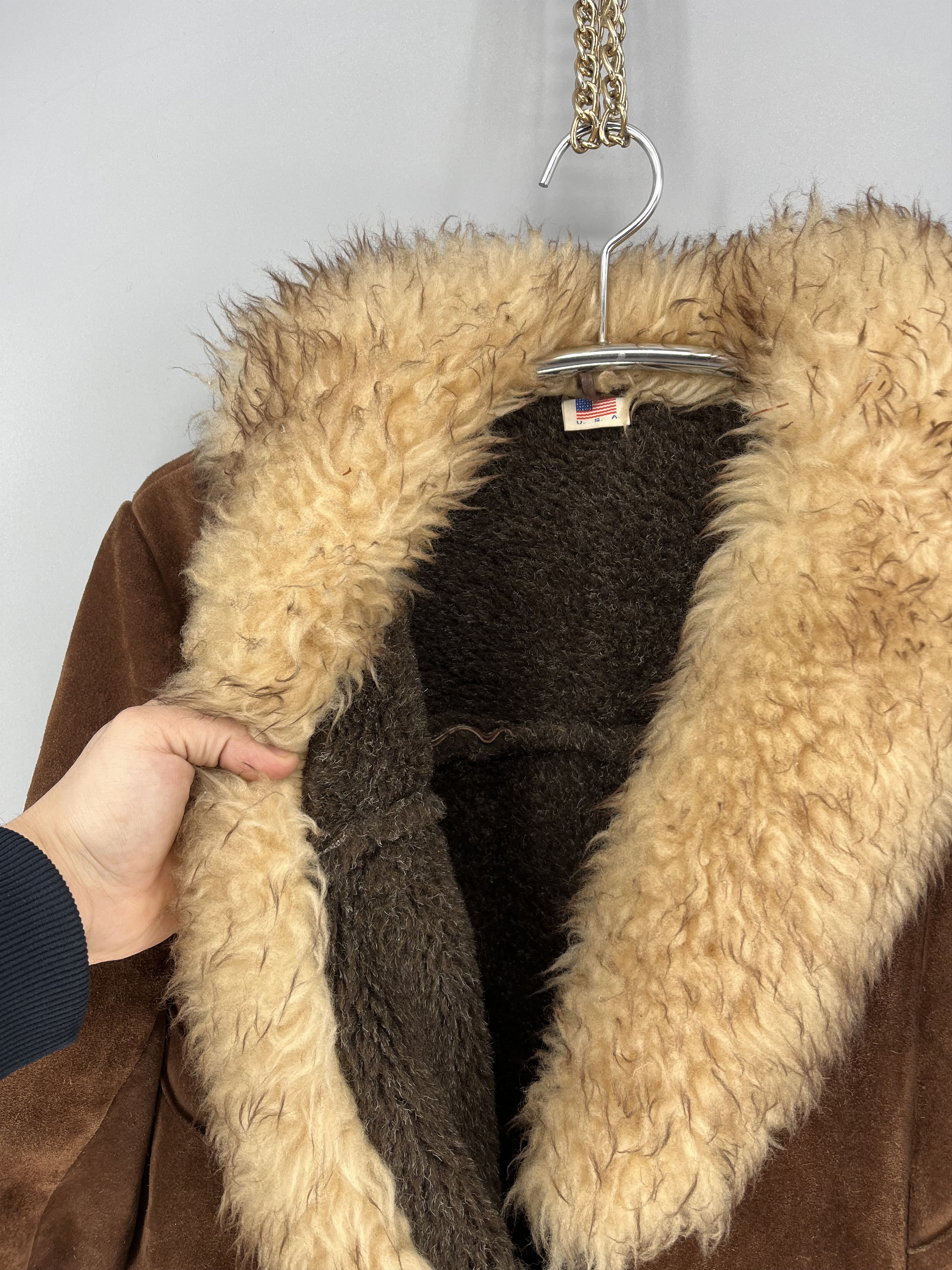 Vintage 70s Suede Shearling Coat USA Made Brown Faux Fur Lined Heavy Size US L / EU 52-54 / 3 - 11 Thumbnail