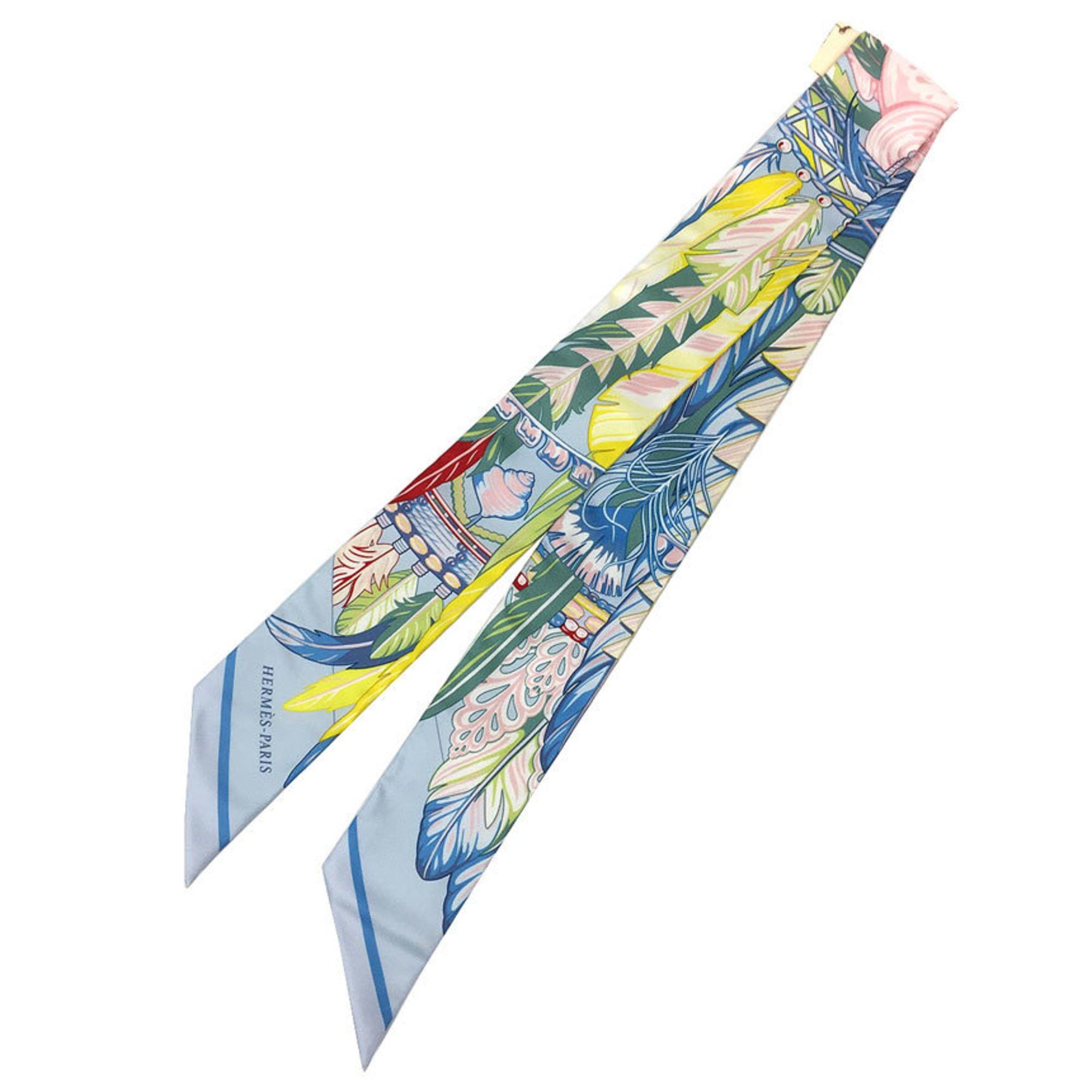 image of Hermes Twilly Scarf Muffler Dance Pacifique 2021 Blue Ciel/vert/rose Pale 100% Silk Hermes Aq6443, 