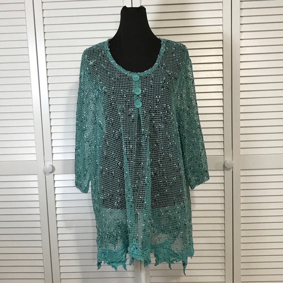 Blair Blair Boho Aqua Blue Artsy Mesh Lace Hemline Tunic Blouse XL Size XL / US 12-14 / IT 48-50 - 1 Thumbnail