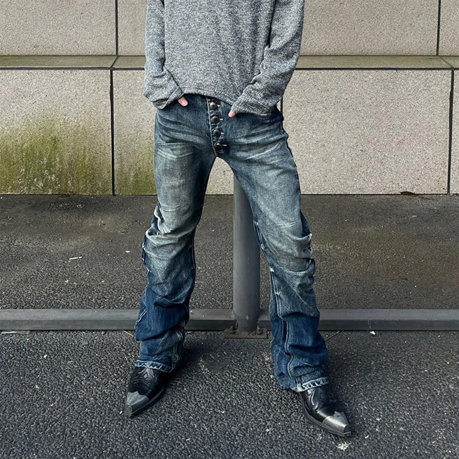 Jean Button-Fly Crinkle Curved Banana Denim Jeans Washed Stacked Size US 32 / EU 48 - 1 Thumbnail