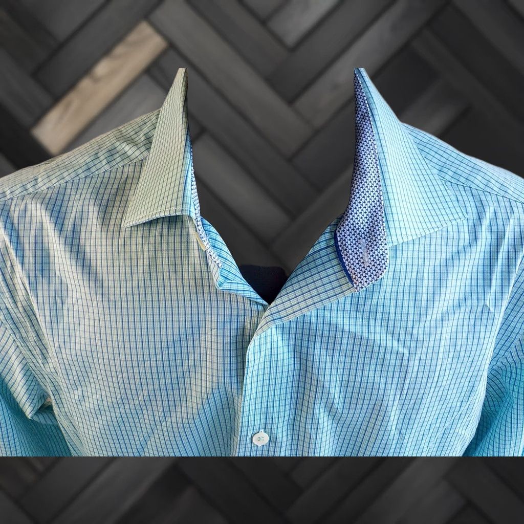 BUGATCHI BUGATCHI Uomo Check Flip Cuff Shirt SZ 16.5 Teal/Blue Dress Shirt 100% Cotton Long Sleeve Mens Regular Adult Size US XL / EU 56 / 4 - 1 Thumbnail