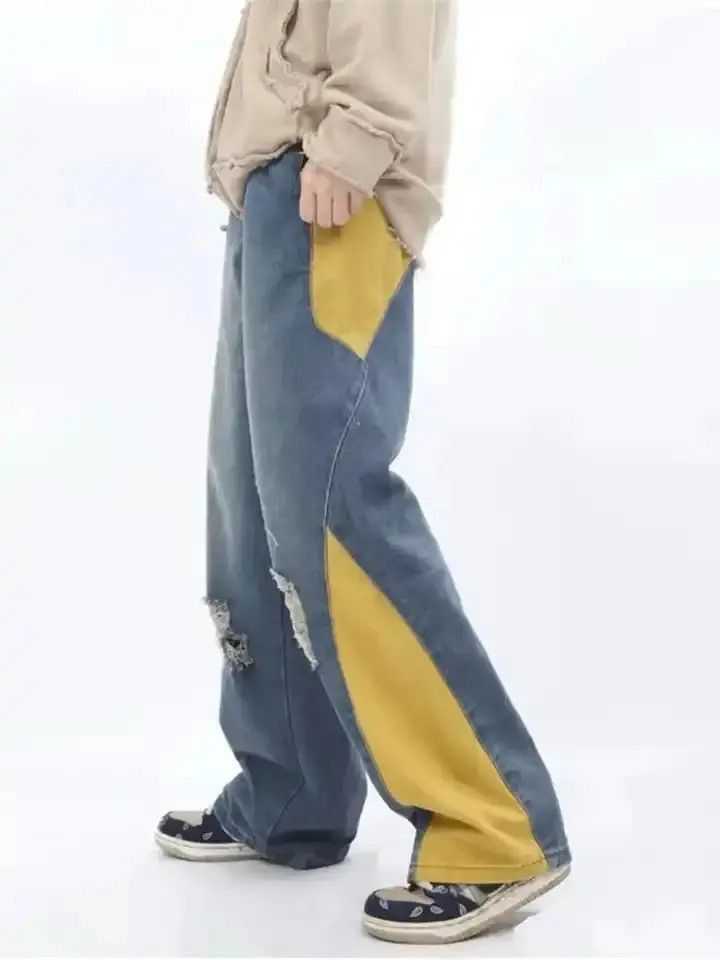 Japanese Brand Y2K Fashion Contrast Color Spliced Baggy Ripped Jeans Size US 32 / EU 48 - 4 Thumbnail