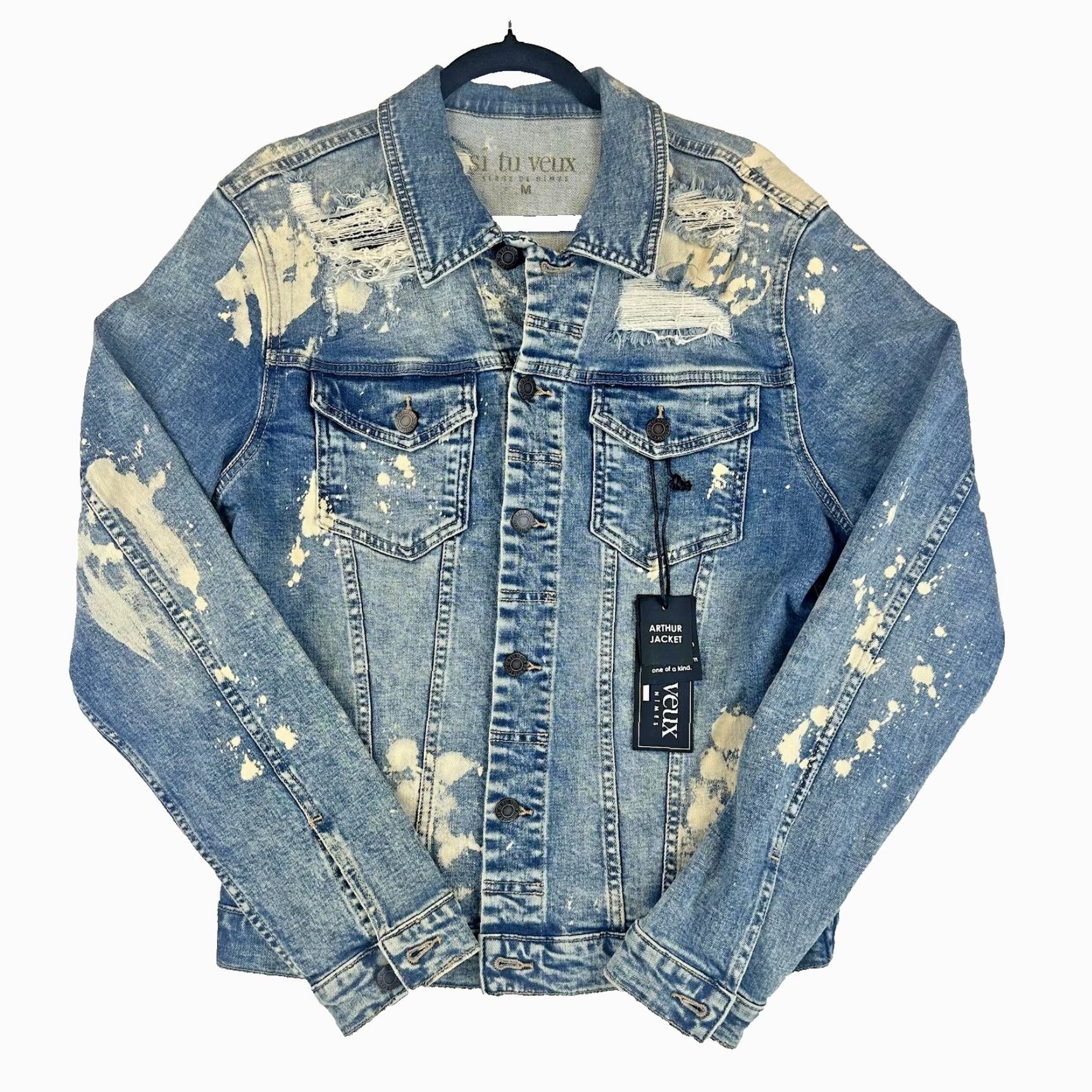 Denime Si Tu Veux Arthur Jacket Mens M Indigo Wash Distressed Paint Splatter Denim Size US M / EU 48-50 / 2 - 5 Thumbnail