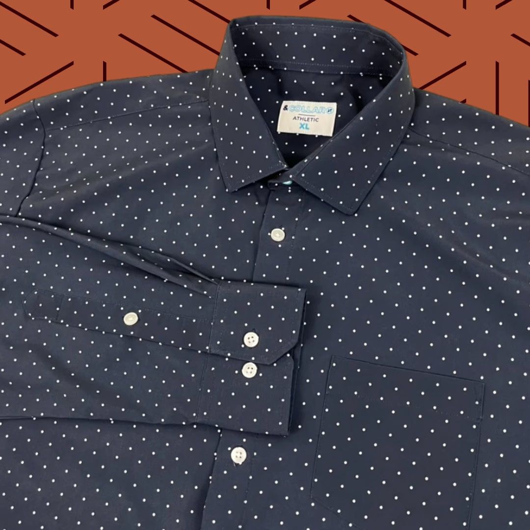 J Brand & Collar Brand Shirt Mens XL Athletic Performance Dress Button Up Blue Polka Dot shirt Size 46R - 1 Thumbnail
