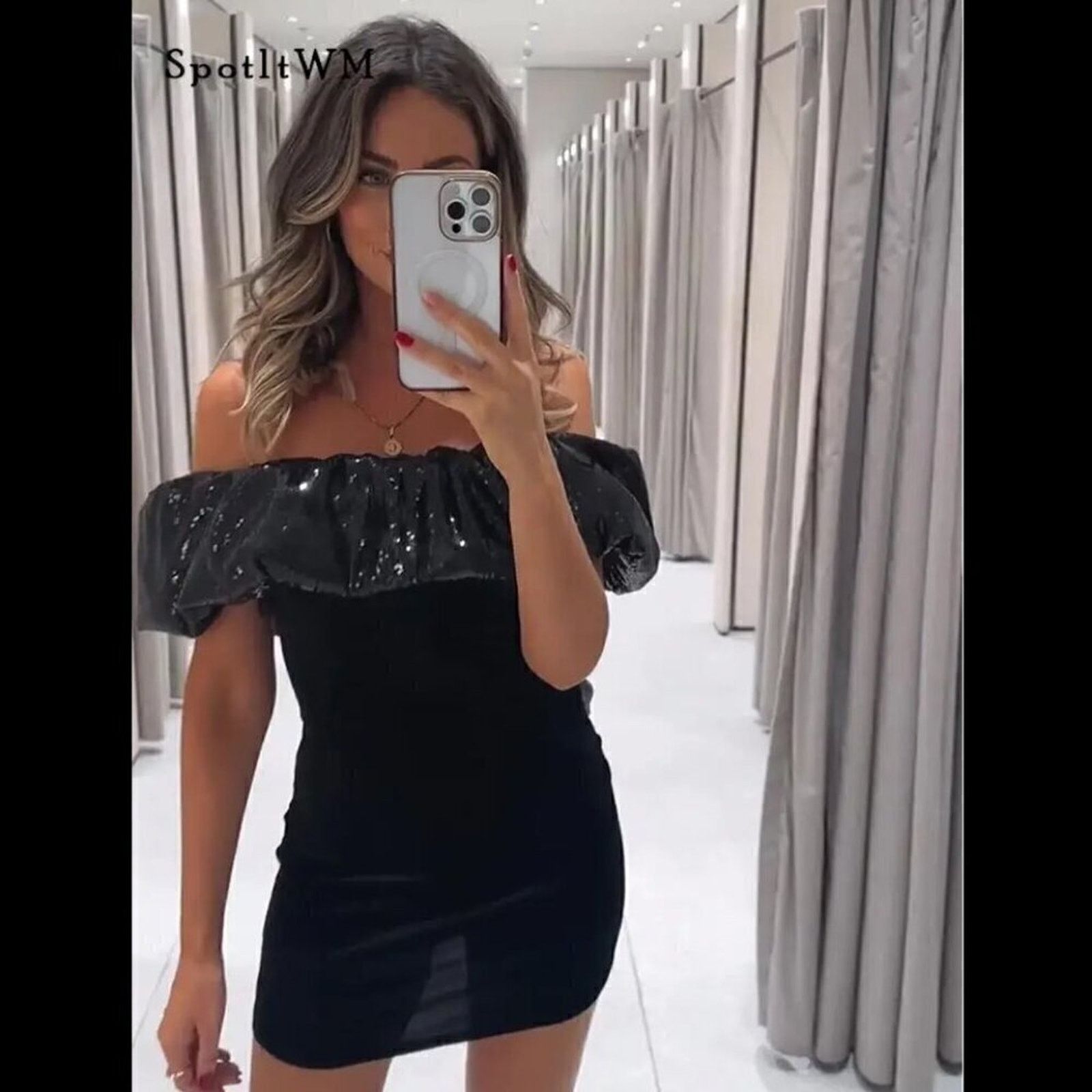 Zara ZARA Off-Shoulder Sequin Bubble Velvet Mini Dress NWT (L) Size L / US 10 / IT 46 - 19 Thumbnail