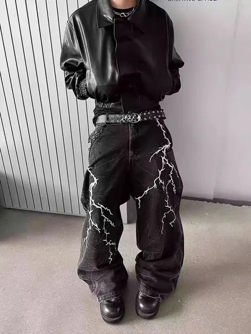 VIBE High Street Lightning Embroidered Y2K Hip Hop Baggy Jeans Size US 34 / EU 50 - 3 Thumbnail
