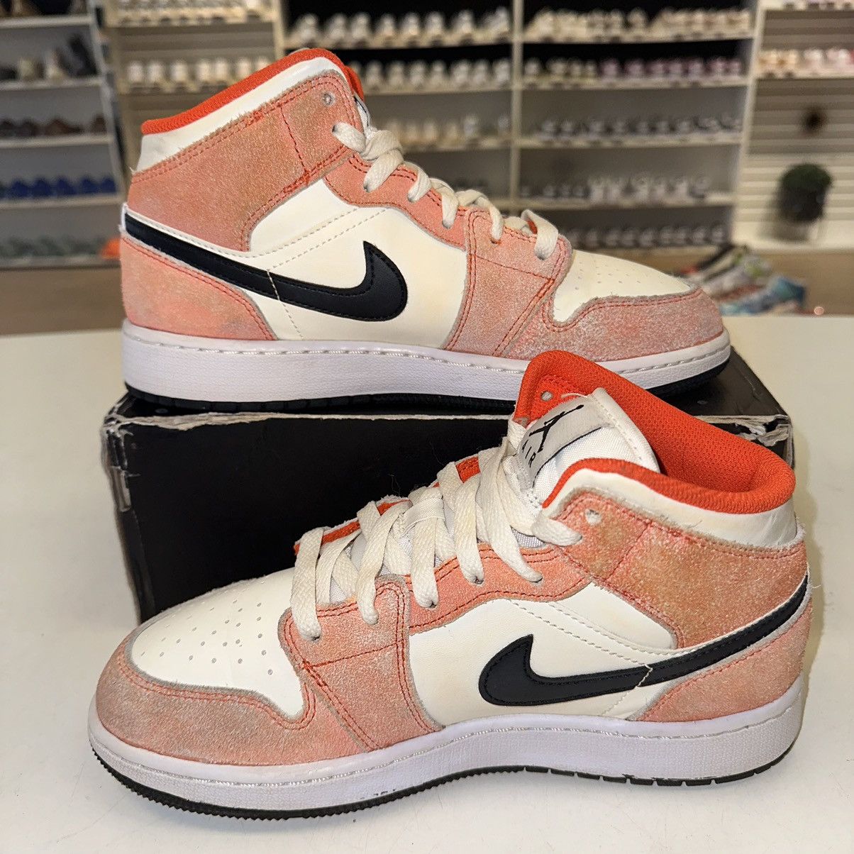 Size 5.5Y (7W) - Nike Air Jordan 1 Mid GS Team Orange White