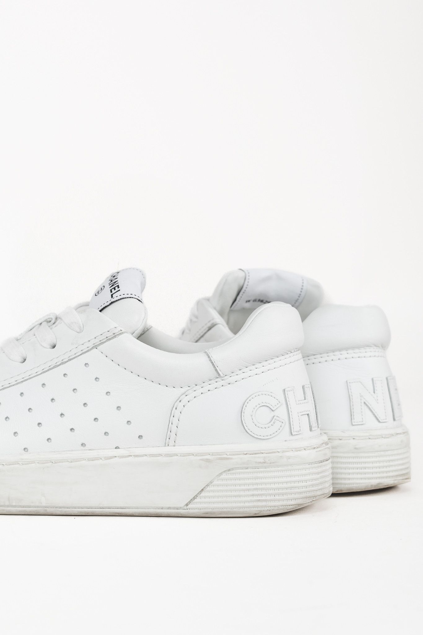 Chanel Chanel White Perforated Logo Leather Lace-Up Sneakers Size US 10.5 / IT 40.5 - 8 Thumbnail