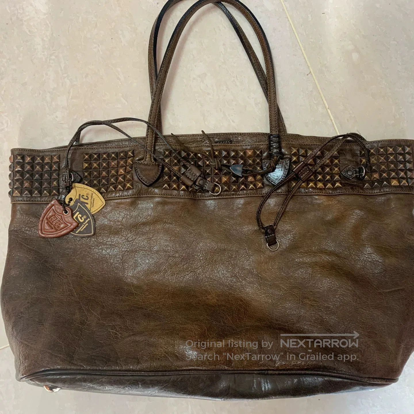 Japanese Brand Brown Leather Tote Bag with Studs. Size ONE SIZE - 1 Thumbnail