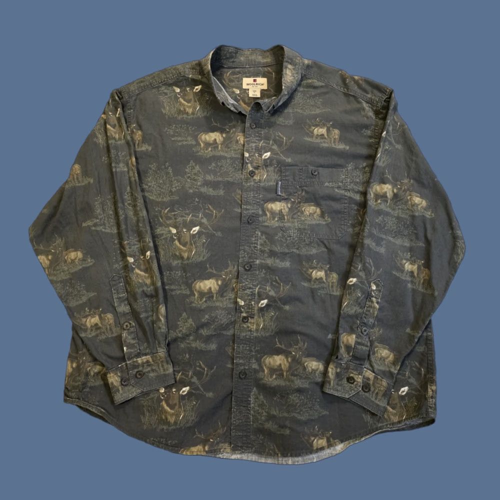 Vintage VINTAGE Woolrich Shirt Button-Up Elk AOP Graphite Long Sleeve Men's XL Gray Cotton Woolen 90s Outdoor Animals Pockets All Seasons Easy Care Size US XL / EU 56 / 4 - 1 Thumbnail