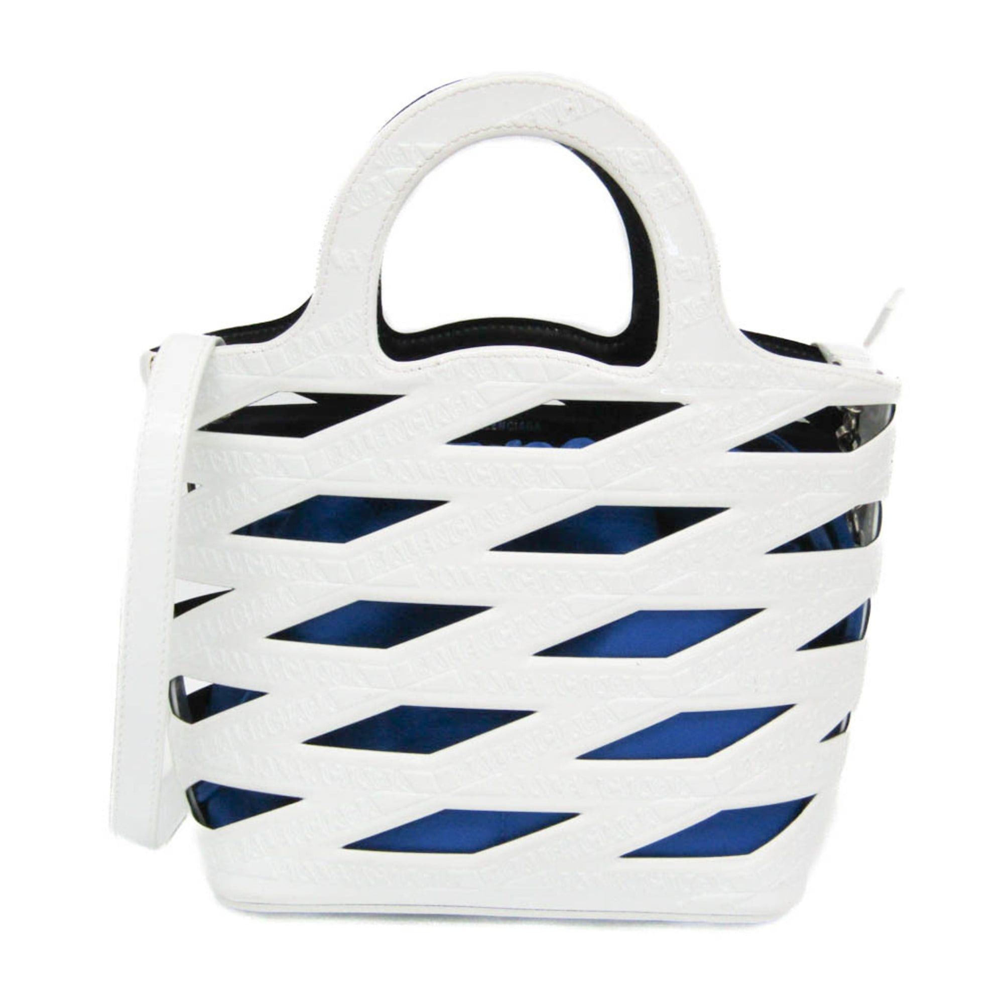 Balenciaga Neo Basket 630708 Women's Patent LeatherNylon HandbagShoulder Bag BlueWhite