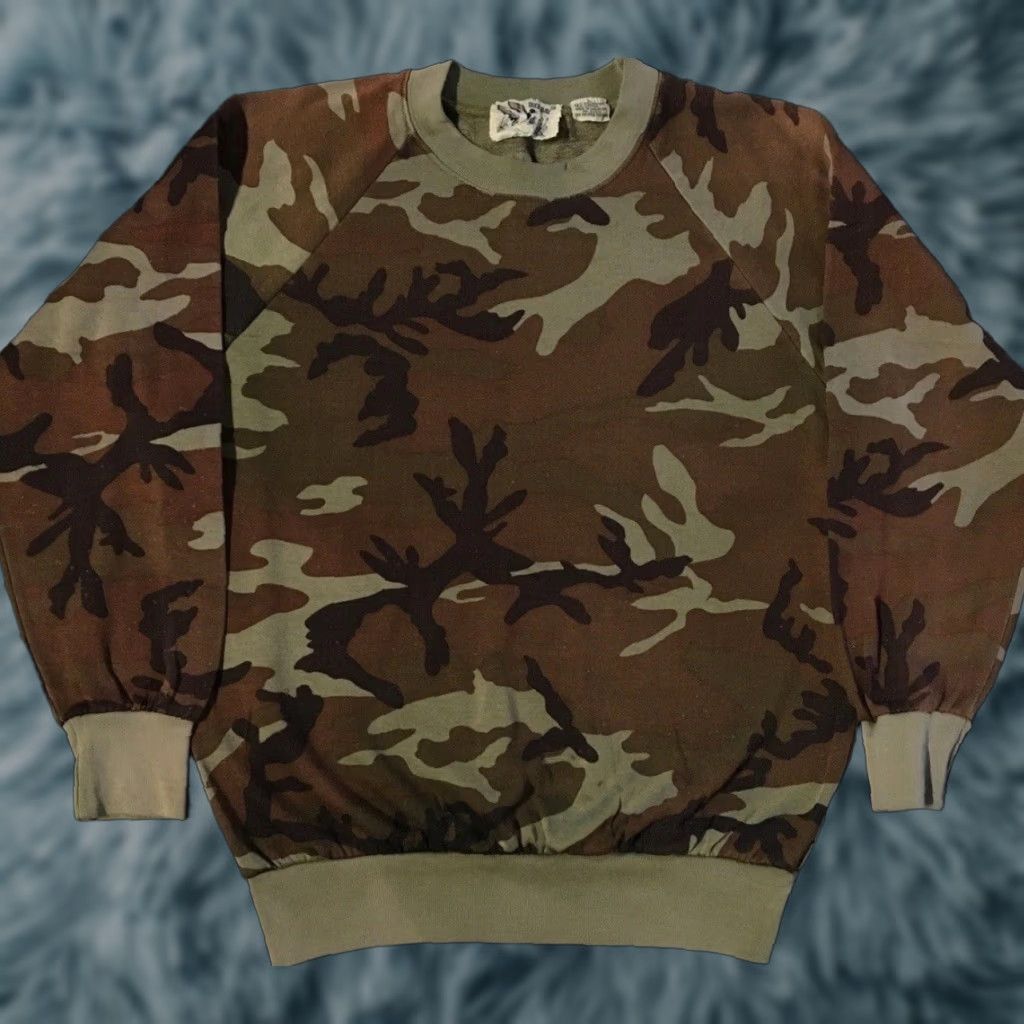 VINTAGE Duck Camo Hoodie M Brown 80s 90s Army Grunge Pullover Skate Distressed Sweatshirt Men Size M