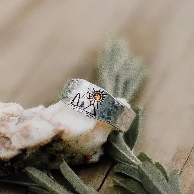 Jewelry × Vintage Forest Mountain Sun Nature Landscape Carved Ring Size ONE SIZE - 1 Thumbnail