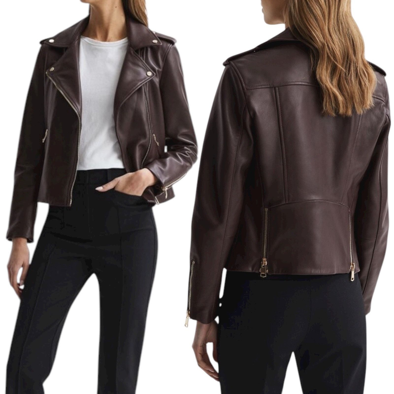 Reiss Leiya Lamb Leather Moto Jacket In Berry Red Size 4