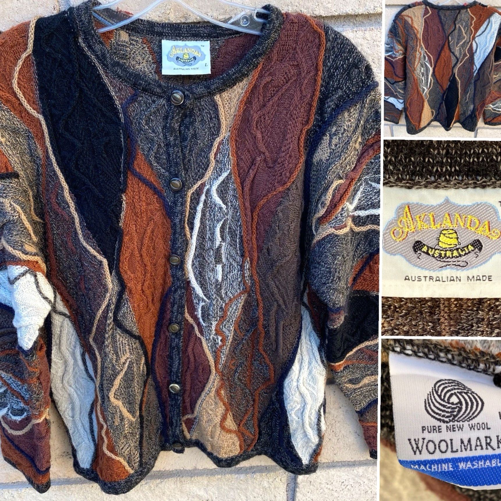 Vintage VINTAGE Aklända Australian Made Pure Wool Textured 3D Knit Cardigan Sweater L 90s Y2K Size L / US 10 / IT 46 - 2 Thumbnail