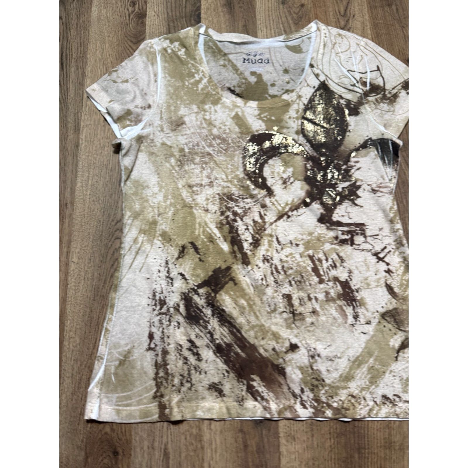 Gloverall Mudd Shirt XL T-Shirt, Brown White Gold Allover Print, Womens, Regular, Casual, Basic, Tees Size XL / US 12-14 / IT 48-50 - 3 Thumbnail