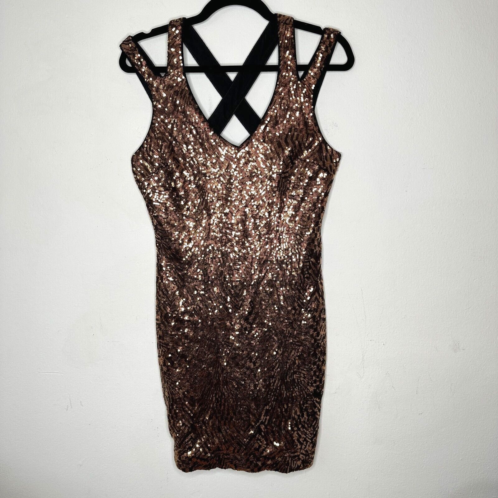 Bebe Bebe Copper Bronze Sequin Mini Dress Criss Cross Back Zip M Size M / US 6-8 / IT 42-44 - 3 Thumbnail