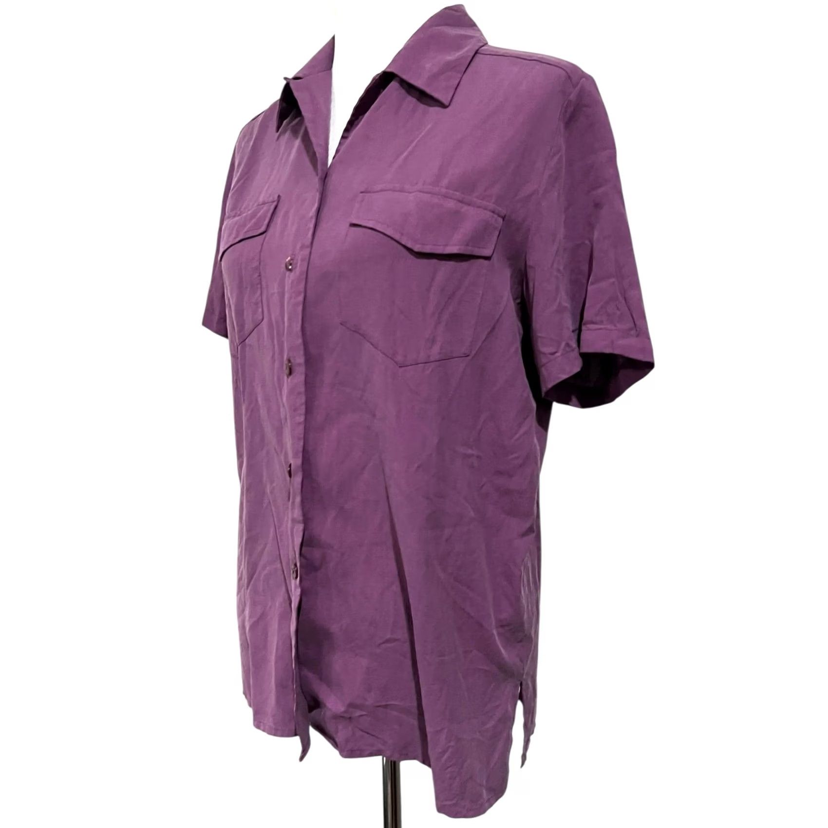 Vintage VINTAGE Anna and Frank Silk Blouse Button Up Womens Size M Short Sleeve Pockets Purple 90s Classic Hipster Solid Collared Size M / US 6-8 / IT 42-44 - 2 Thumbnail