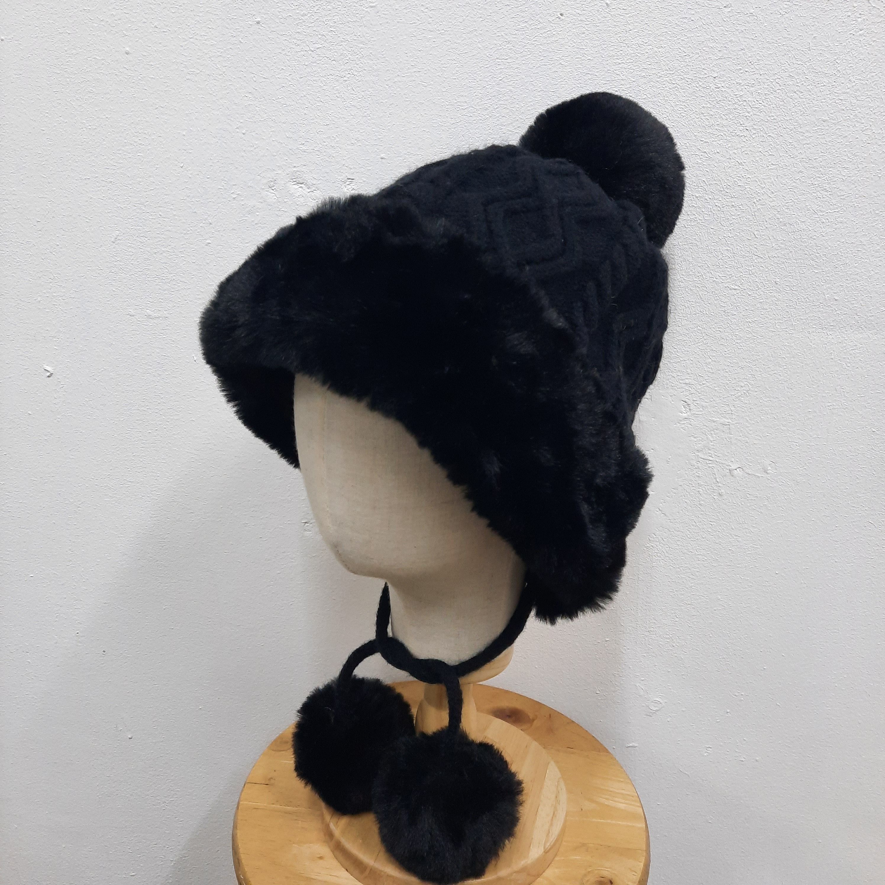 Japanese Brand ❄️ Black fut winter earflap beanie hat Size ONE SIZE - 2 Thumbnail