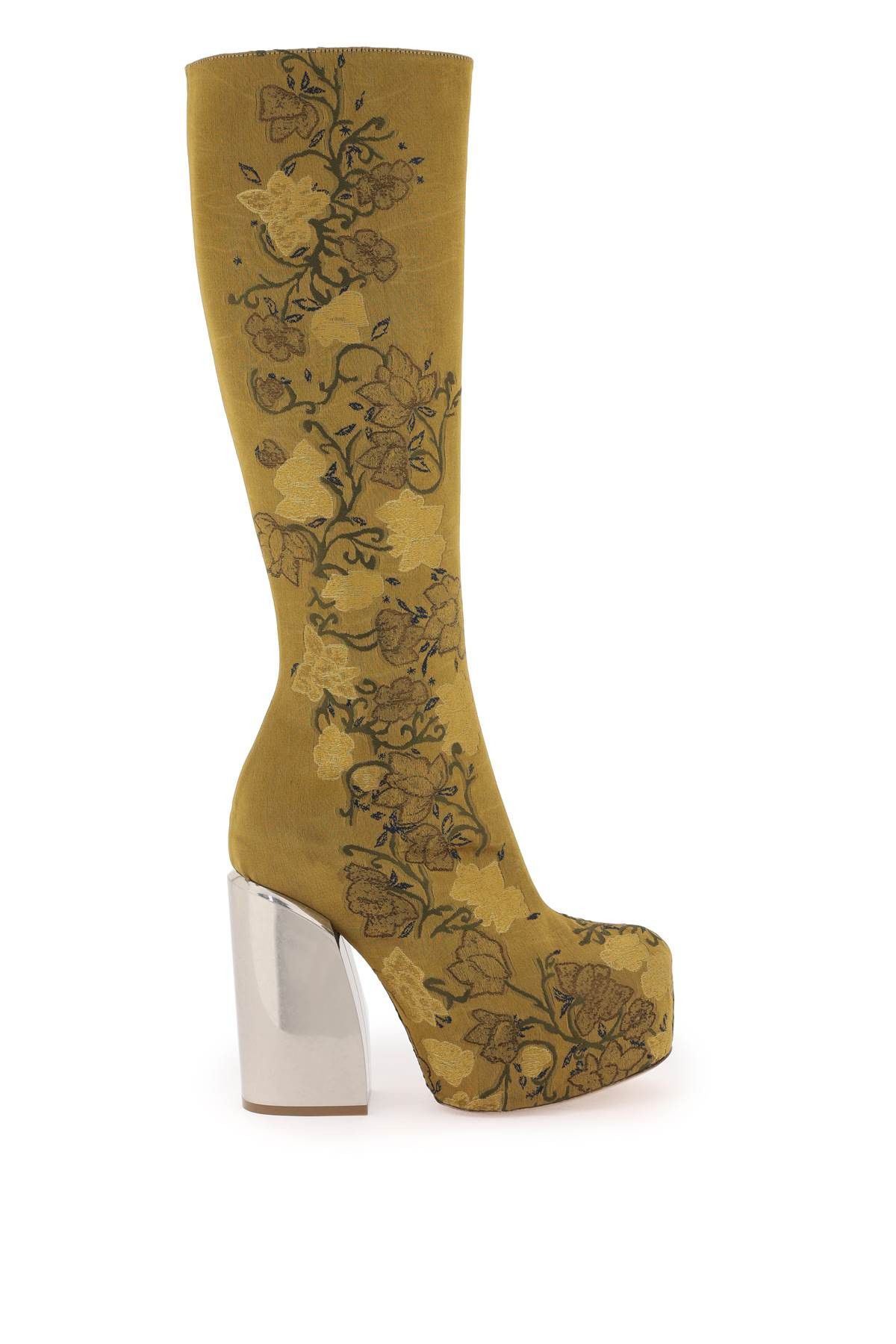 image of Dries Van Noten Embroidered Jacquard High Boots in Ocra, Women's (Size 10)