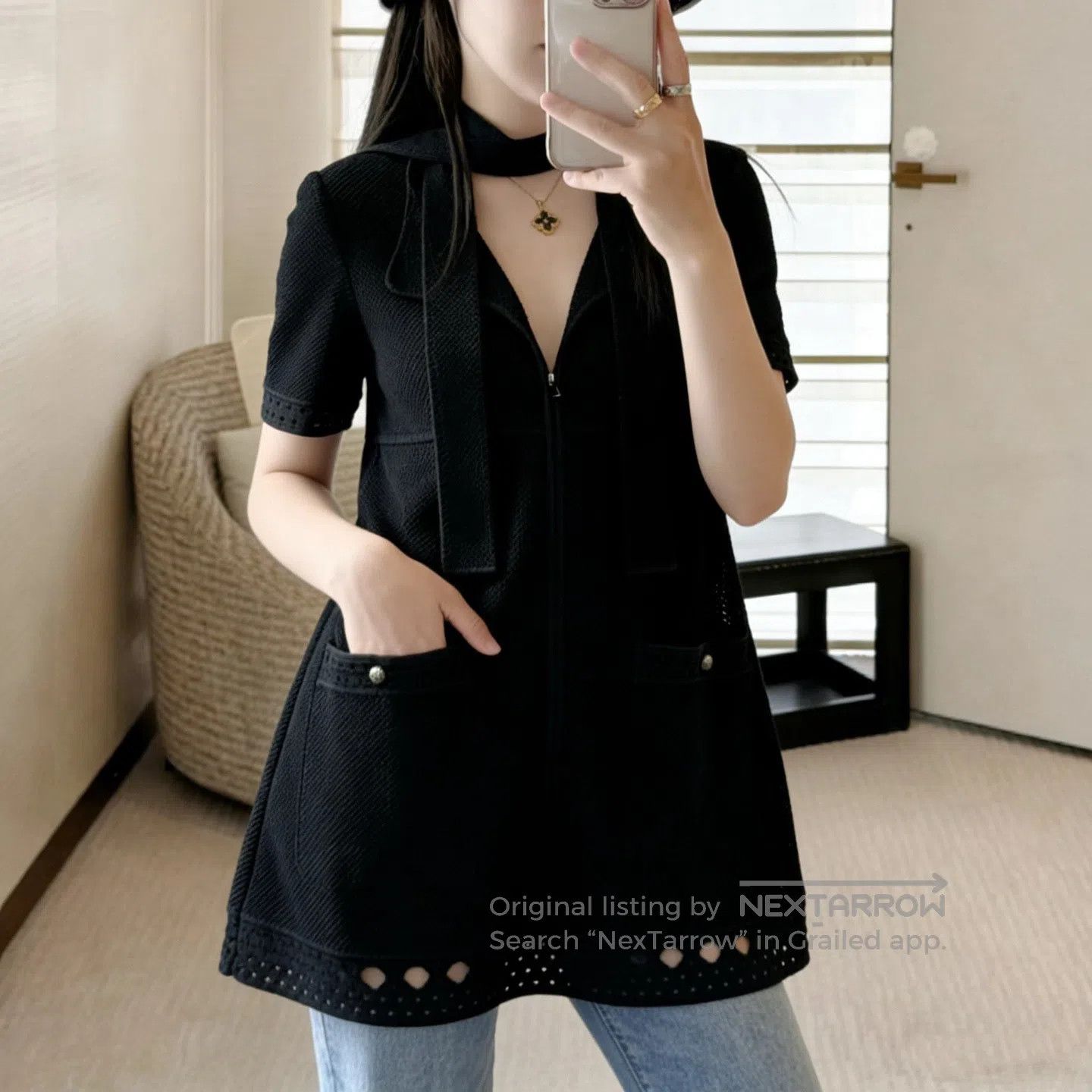 Chanel Chanel Black Short Sleeve Knit Tie Front Jacket| Size XS / US 0-2 / IT 36-38 - 6 Thumbnail
