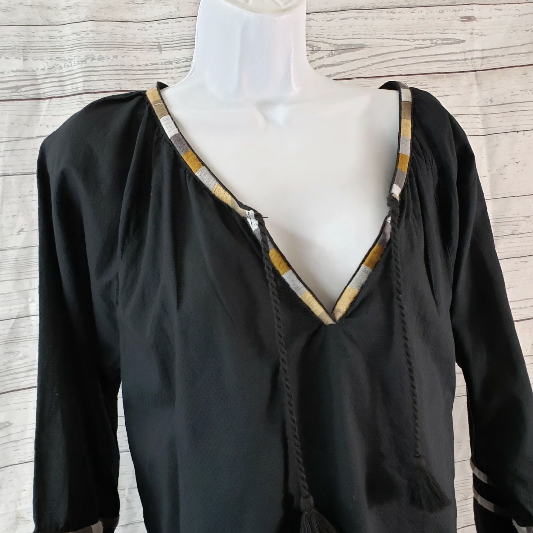 Prana prAna Womens Atlantis top Blouse 3/4 Sleeve V-Neck Cotton Embroidered Tassels Black M Womens Size M / US 6-8 / IT 42-44 - 2 Thumbnail