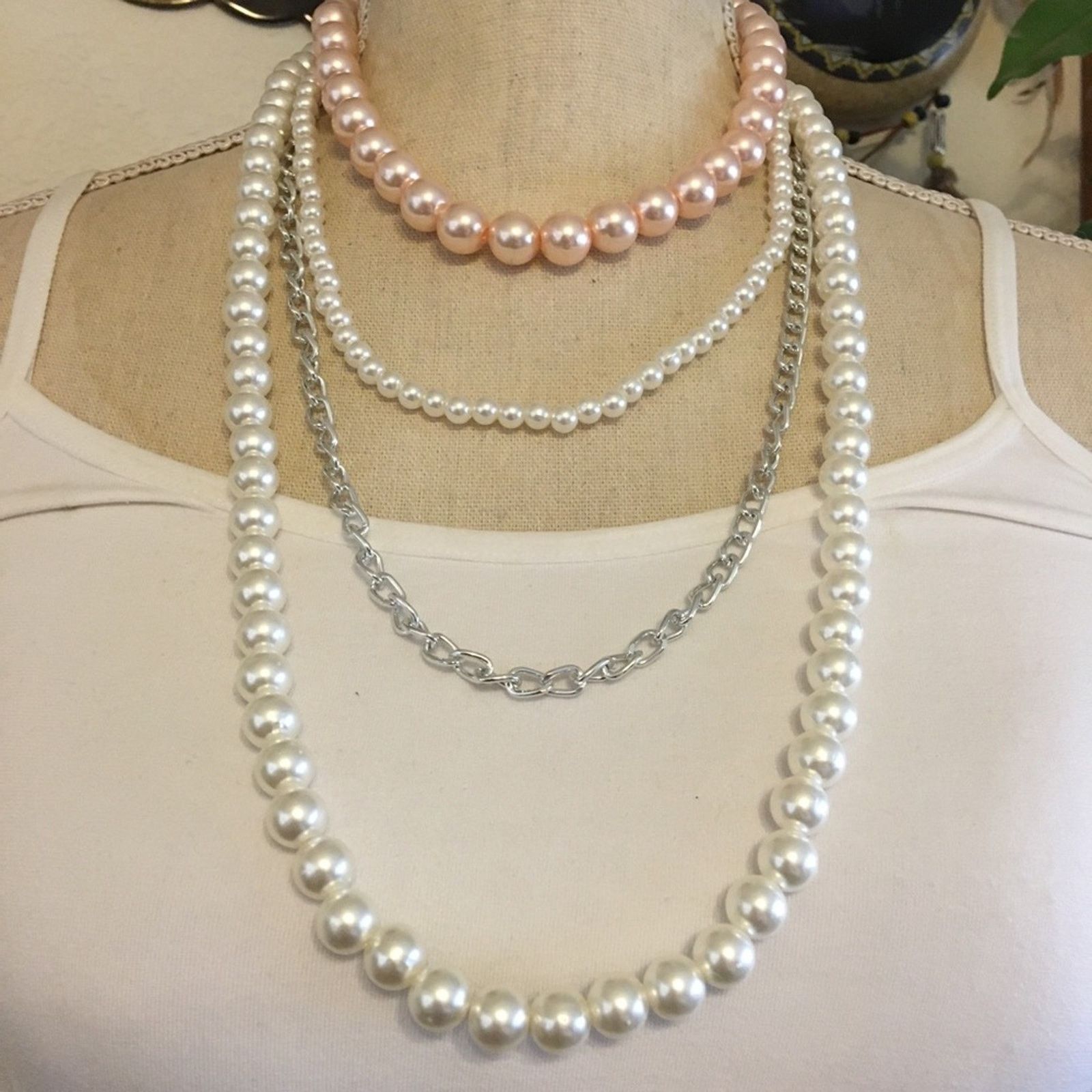 Jewelry Multi strand layered faux pearls chain necklace Size ONE SIZE - 1 Thumbnail