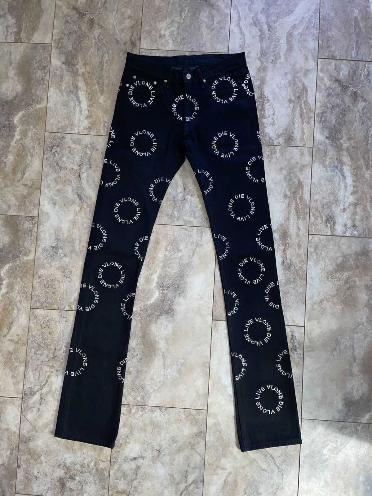 image of Vlone Lvdv Silver Rhinestone Stacked Denim Jeans Black 30, Men's