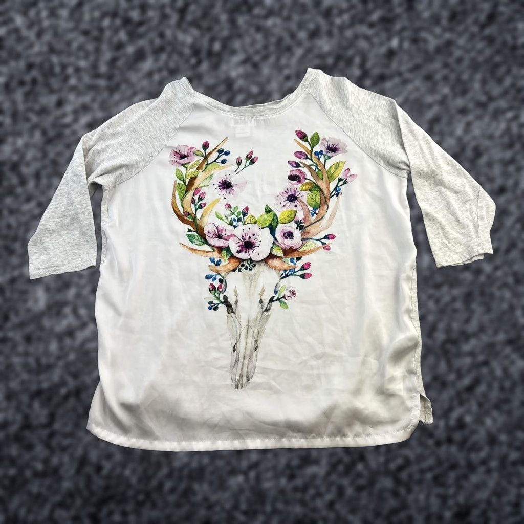 Ariat Ariat Shirt Womens Small White Gray Floral Antler Skull Raglan Western Top Size S / US 4 / IT 40 - 1 Thumbnail