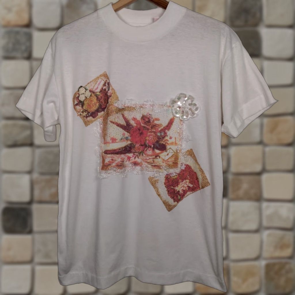 Vintage VINTAGE Precious Knits Shirt Small White Lace Gold Glitter Bird Roses Grannycore Size S / US 4 / IT 40 - 1 Thumbnail