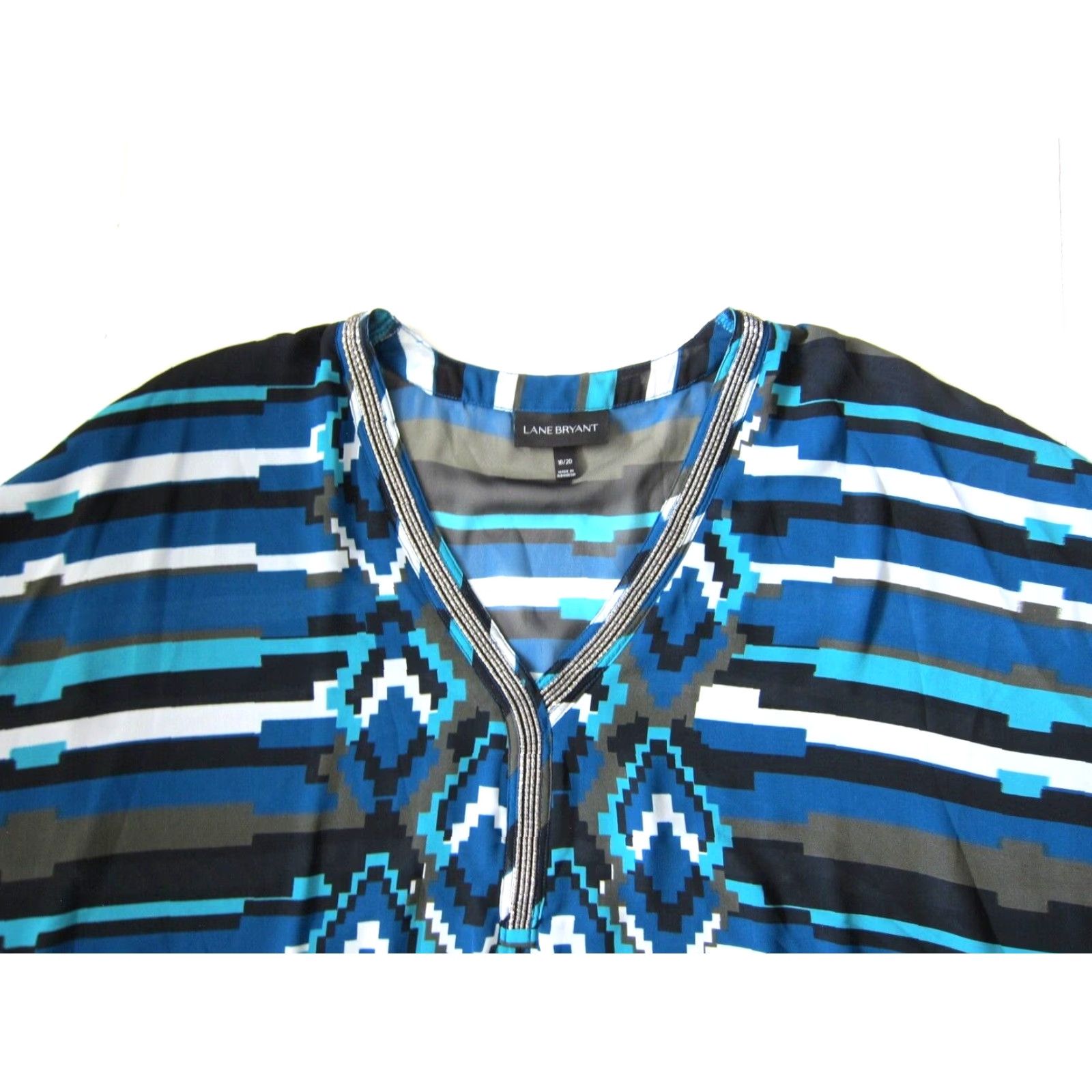 Vintage Lane Bryant Geometric Blouse Tunic 18/20 Blue Black Beaded Silver V-Neck Sheer 3/4 Sleeve Womens Size XXL / US 16-18 / IT 52-54 - 3 Thumbnail