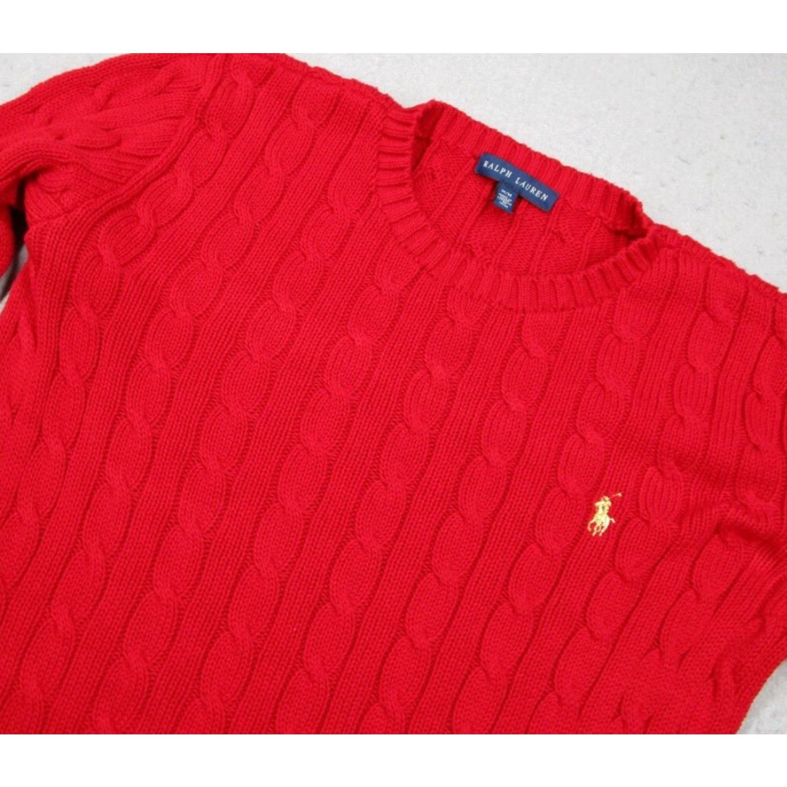 Ralph Lauren RALPH LAUREN BLUE LABEL Women's Medium Red Cable-Knit Sweater Pullover with Gold Pony, Long Sleeve, Crew Neck, Classic Preppy Style Size M / US 6-8 / IT 42-44 - 2 Thumbnail