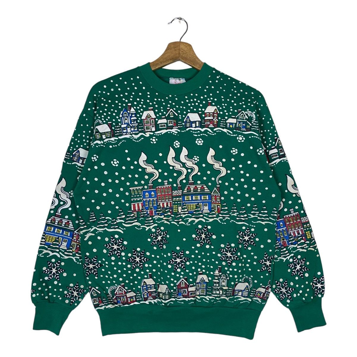 image of Vintage Jane Colby Snowing Graphic Pullover Jumper in Green, Men's (Size Small)