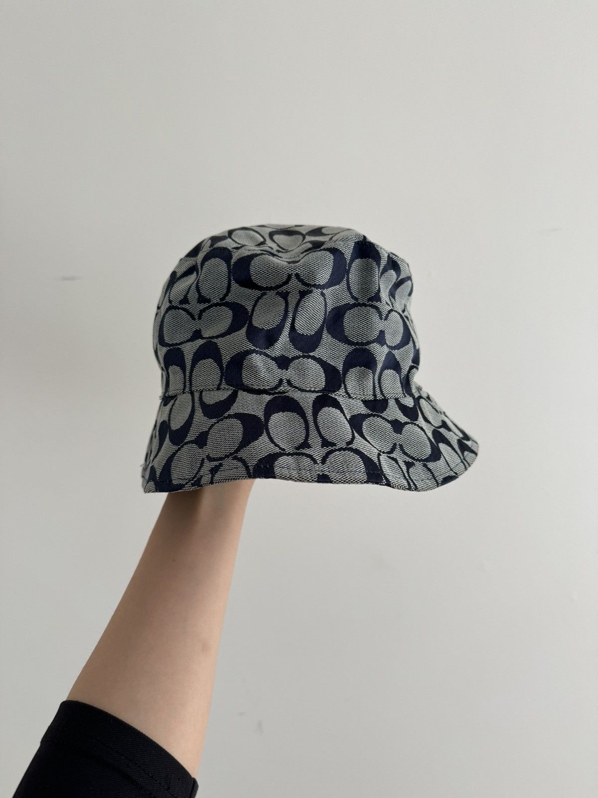 image of Coach Navy Logo Print Bucket Hat, Men's (Size 36)