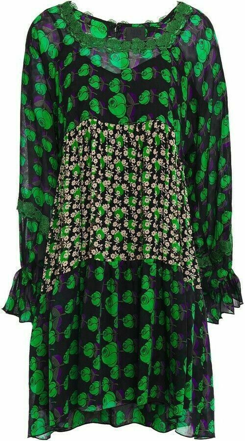 image of Anna Sui Green Mixed-Floral Silk Chiffon Mini Dress in Black/Green, Women's (Size Small)