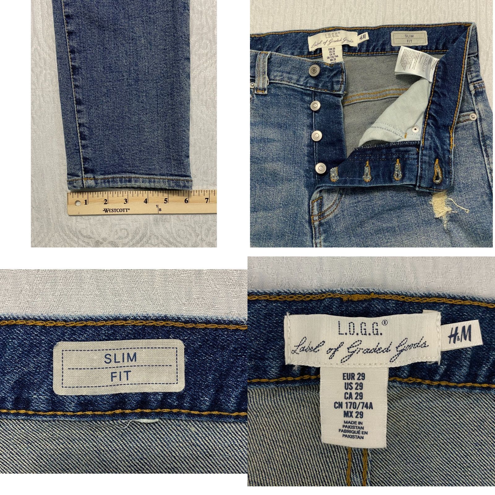 H&M H&M LOGG Jeans Slim Distressed Men Blue 29 Regular Denim Button fly 5-Pocket Design Inseam 32 Slim Fit Jeans Mens Size US 30 / EU 46 - 8 Thumbnail